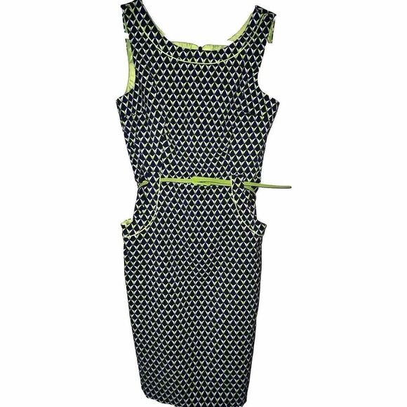 London Times Sheath Dress Sz‎ 8 Green Blue Geometric Pattern Belt Included New - Picture 1 of 10